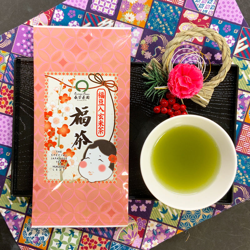 Genmaicha with lucky beans "Fukucha" 70g packed &lt;&lt; 2023 Rabbit Zodiac New Year's card paper wrapped in tato paper » Genmaicha with lucky beans "Fukucha" 70g packed